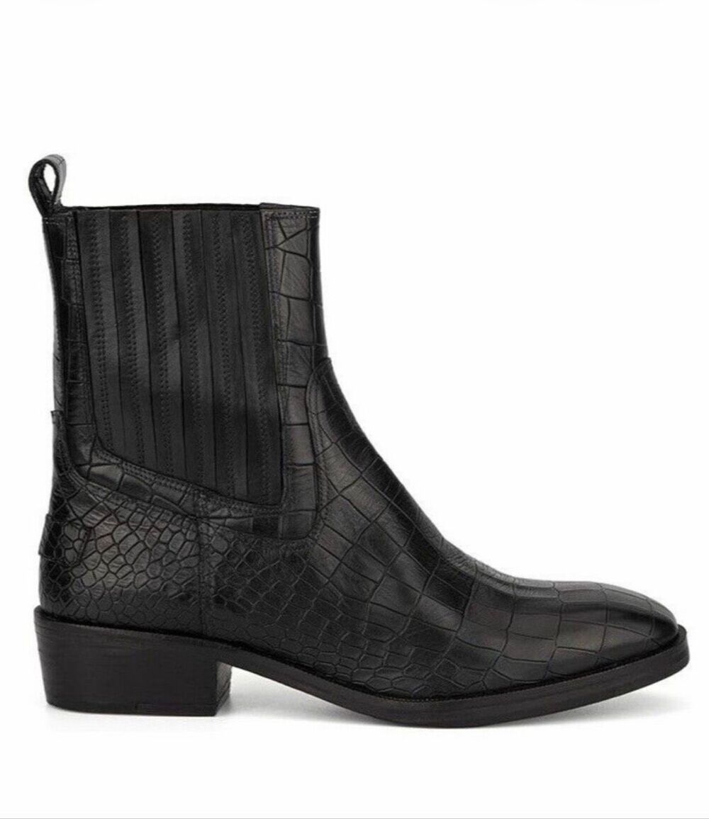 Vintage Foundry Co $229 Main Croc Leather Chelsea Boot Black Womens 10 NEW